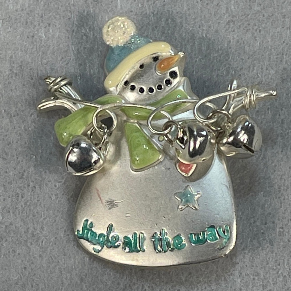 Vintage Snowman Brooch Pin Enamel Green Scarf Jingle All The Way Bells Christmas